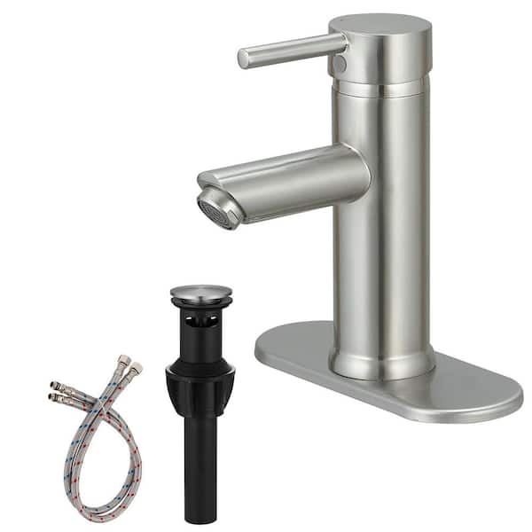Simple Single-Handle Single-Hole Bathroom Brass Sink Faucet with Pop-Up Drain Assembly Kit Included in Brushed Nickel