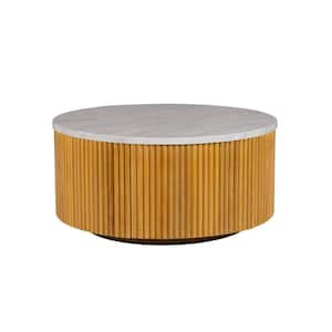 Layana 35.5 in. Natural/Faux White Marble Round MDF Coffee Table