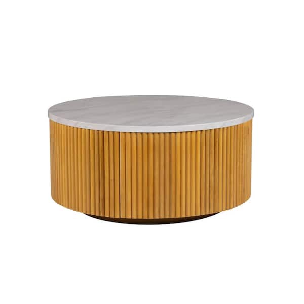 Layana 35.5 in. Natural/Faux White Marble Round MDF Coffee Table