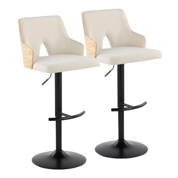 Lumisource Stella 34 in. Cream Fabric, Natural Wood and Black Metal Adjustable Bar Stool with Rounded T Footrest (Set of 2)