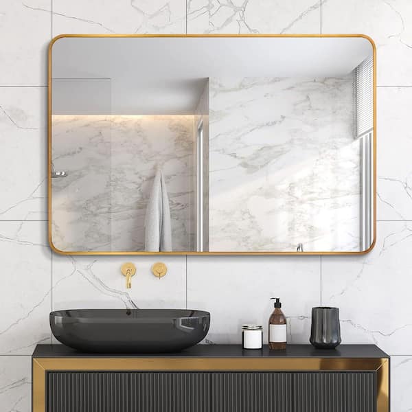 Gold 30 in. W x 40 in. H Metal Rectangular Frameless Wall Mount Bathroom Vanity Mirror, Makeup Mirror