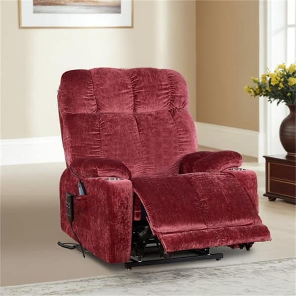 Red Fabric Power Lift Recliner Chair with Heat Massage 2-Cup Holders and Storage Pockets