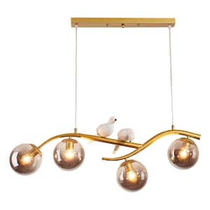 4-Light Gold Creative 2-Birds Chandelier for Kitchen Island Dinning Room with Amber Glass Shade, No Bulbs Included