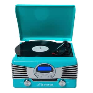 Diner Turntable Record Player, CD/MP3 Player, AM/FM Radio with Bluetooth, USB Input and Stereo Speakers, Turquoise