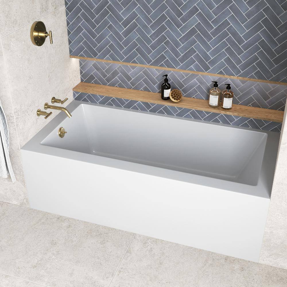 Glossy White Acrylic Alcove Bathtub with Polished Brass Drain
