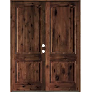 60 in. x 96 in. Rustic Knotty Alder 2-Panel Arch Top Red Mahogony Stain Left-Hand Wood Double Prehung Front Door