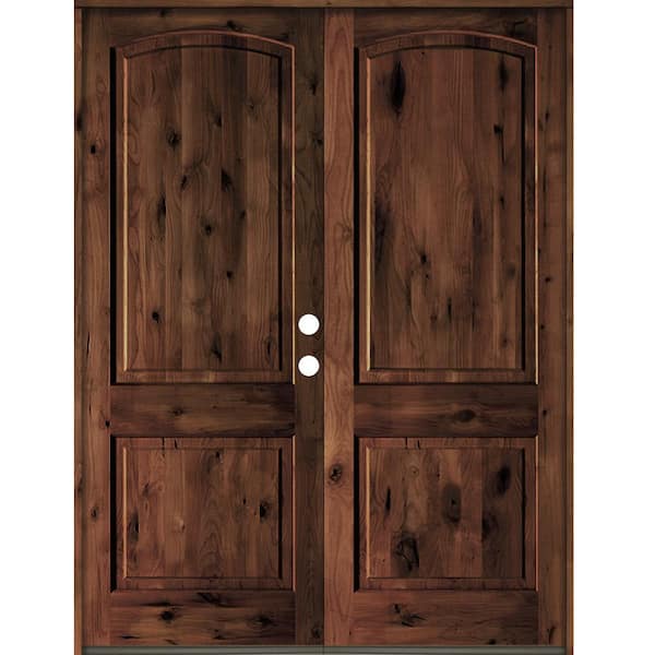 Krosswood Doors 64 in. x 96 in. Rustic Knotty Alder 2-Panel Arch Top Red Mahogony Stain Left-Hand Wood Double Prehung Front Door
