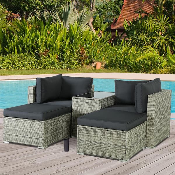 Cesicia Grey 5-Piece Wicker Outdoor Sectional Set with Grey Cushions
