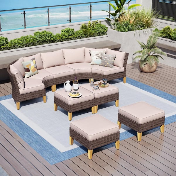 PHI VILLA Brown Rattan Wicker 9 Seat 9-Piece Steel Outdoor Patio Conversation Set with Beige Cushions