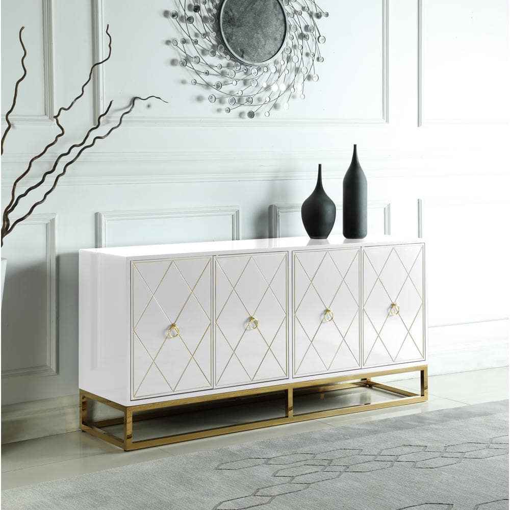 Luxurious White Lacquer Sideboard with Gold Plated Accents and Spacious Storage