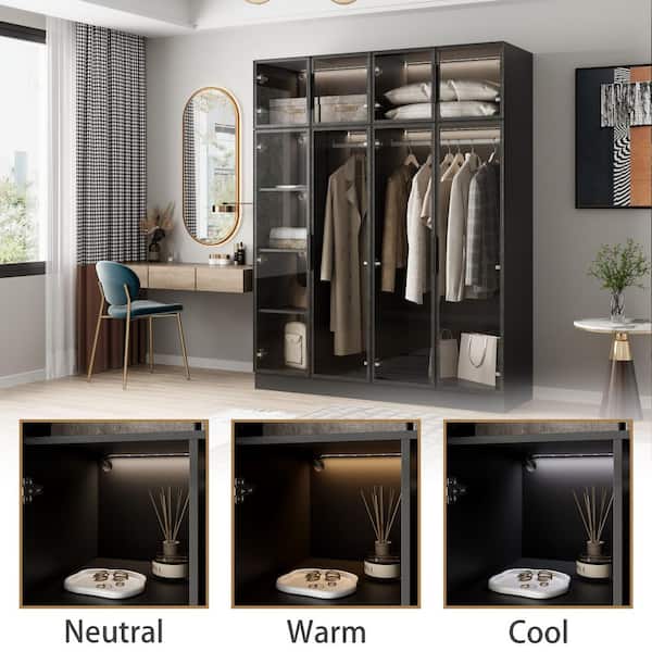 FUFU&GAGA 1-Piece Black Wood 118.1 in. W Queen Bedroom Wardrobe