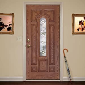 37.5 in. x 81.625 in. Medina Brass Center Arch Lite Stained Medium Oak Left-Hand Inswing Fiberglass Prehung Front Door