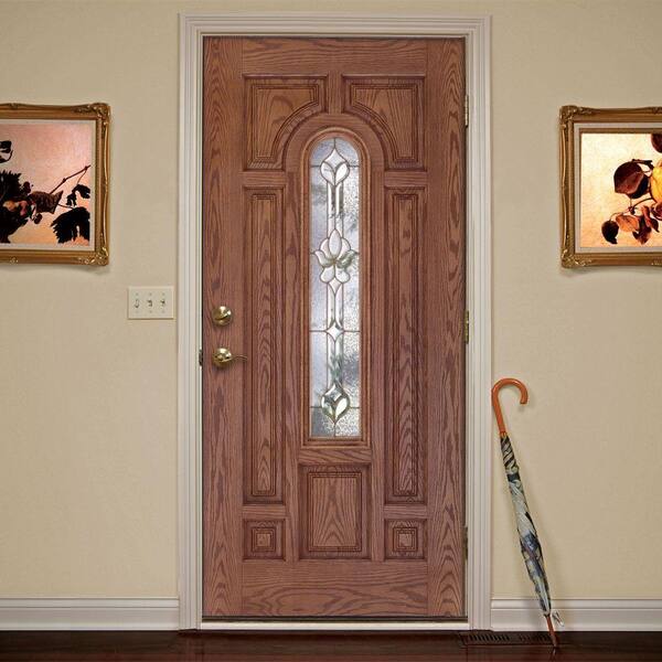 37.5 in. x 81.625 in. Medina Brass Center Arch Lite Stained Medium Oak Right-Hand Inswing Fiberglass Prehung Front Door