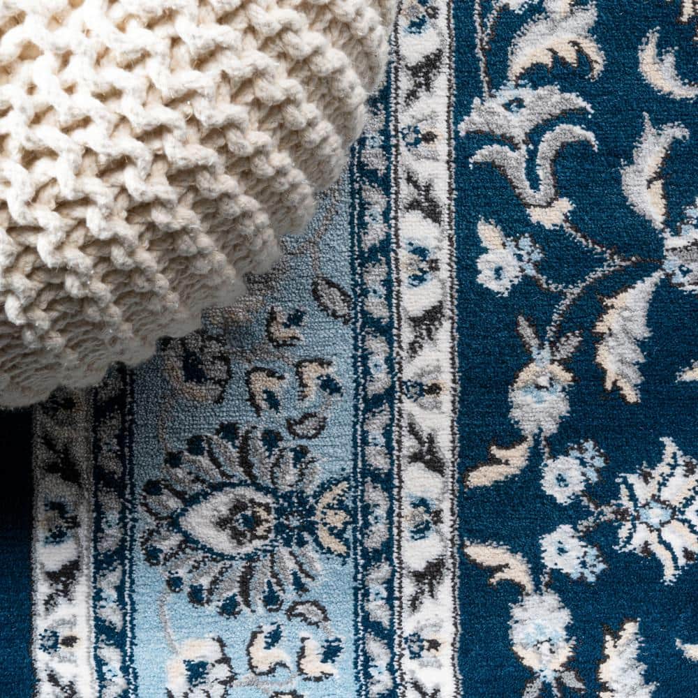 Navy and Blue Synthetic Medallion Runner Rug, 2' x 8'