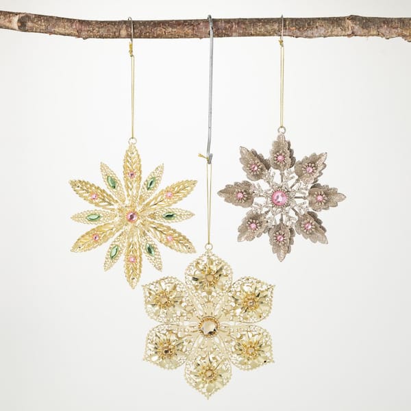 SULLIVANS 6.5 in. 6 in. and 5.5 in. Snowflake Ornament - Set of 3, Gold Christmas Ornaments