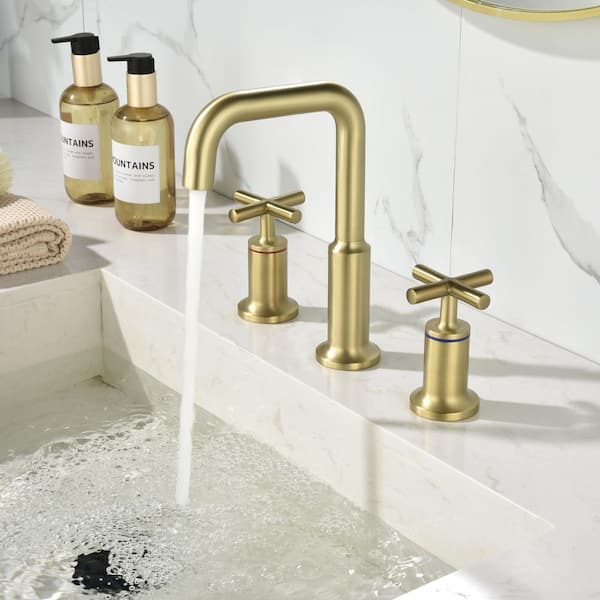 Tria 8 in. Widespread Double Handle Bathroom Faucet 3 Hole Bathroom Sink Faucet with Cross Handles in Brushed Gold