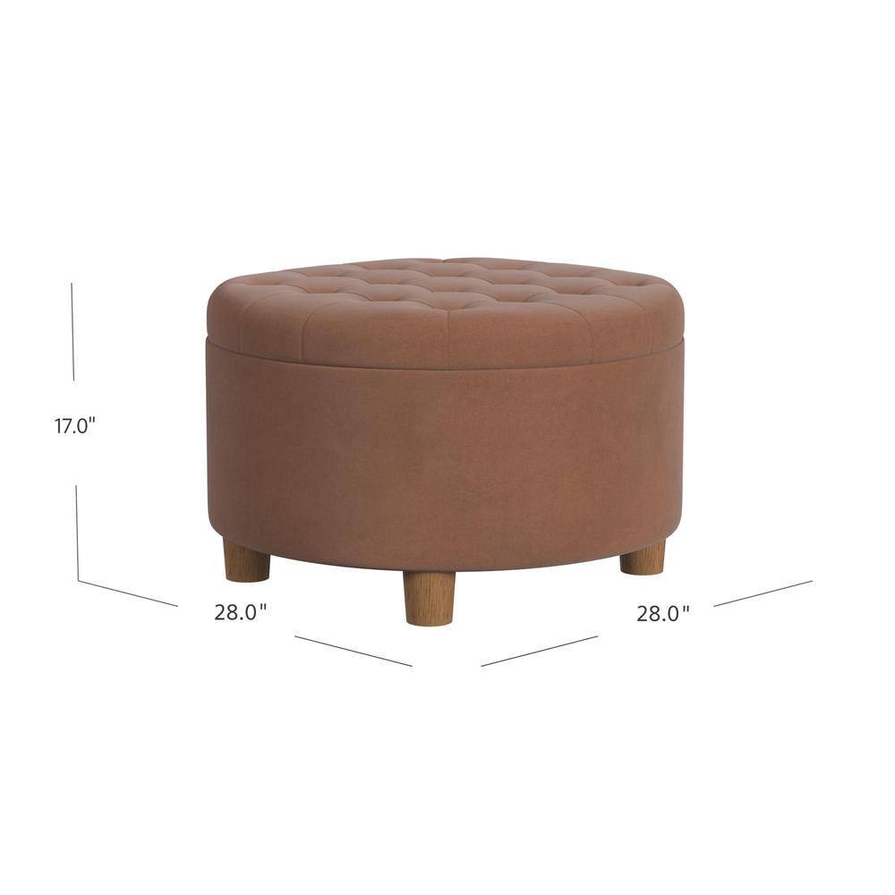 Spice Velvet Round Tufted Storage Ottoman with Oak Legs