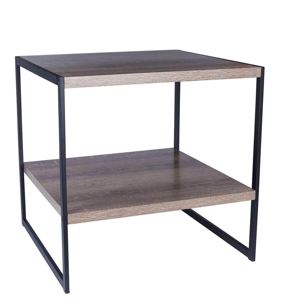 Ashwood and Black Metal Square End Table with Storage Shelf