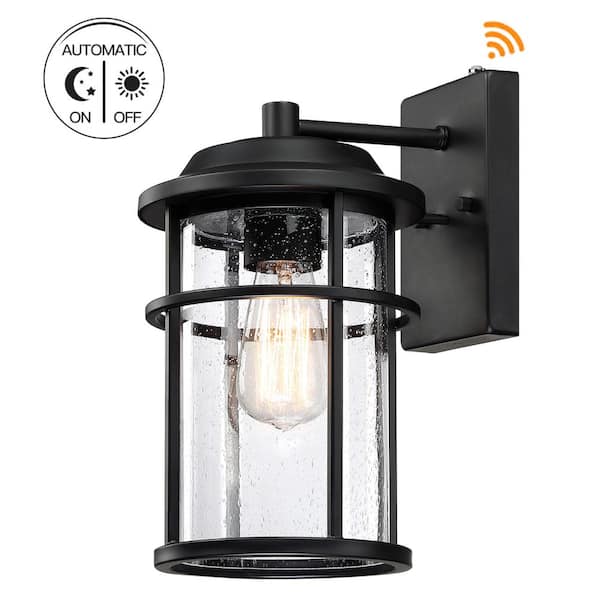 Uixe 13 in.1-Light Matte Black Hardwired Outdoor Wall Lantern Dusk to Dawn Wall Sconce Sensor Light with Clear Seeded Glass