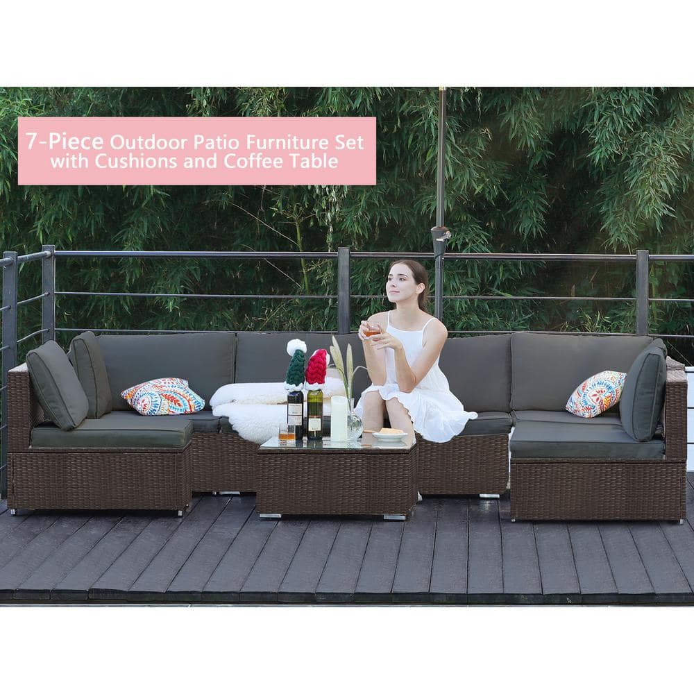 HZY 7-Pieces Red Wicker Outdoor Sectional Set with Gray Cushions and Coffee