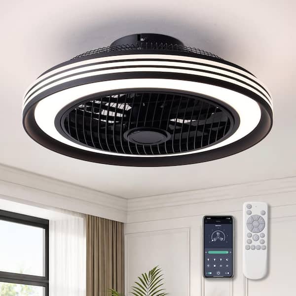 20 in. Indoor Black Bladeless Caged Ceiling Fan with Light Modern Flush Mount Ceiling Fan with Remote and APP Control