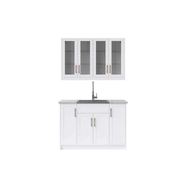 NewAge Products White Home Bar Cabinet Set with Contemporary Brushed Nickel Handles (9-Pieces)