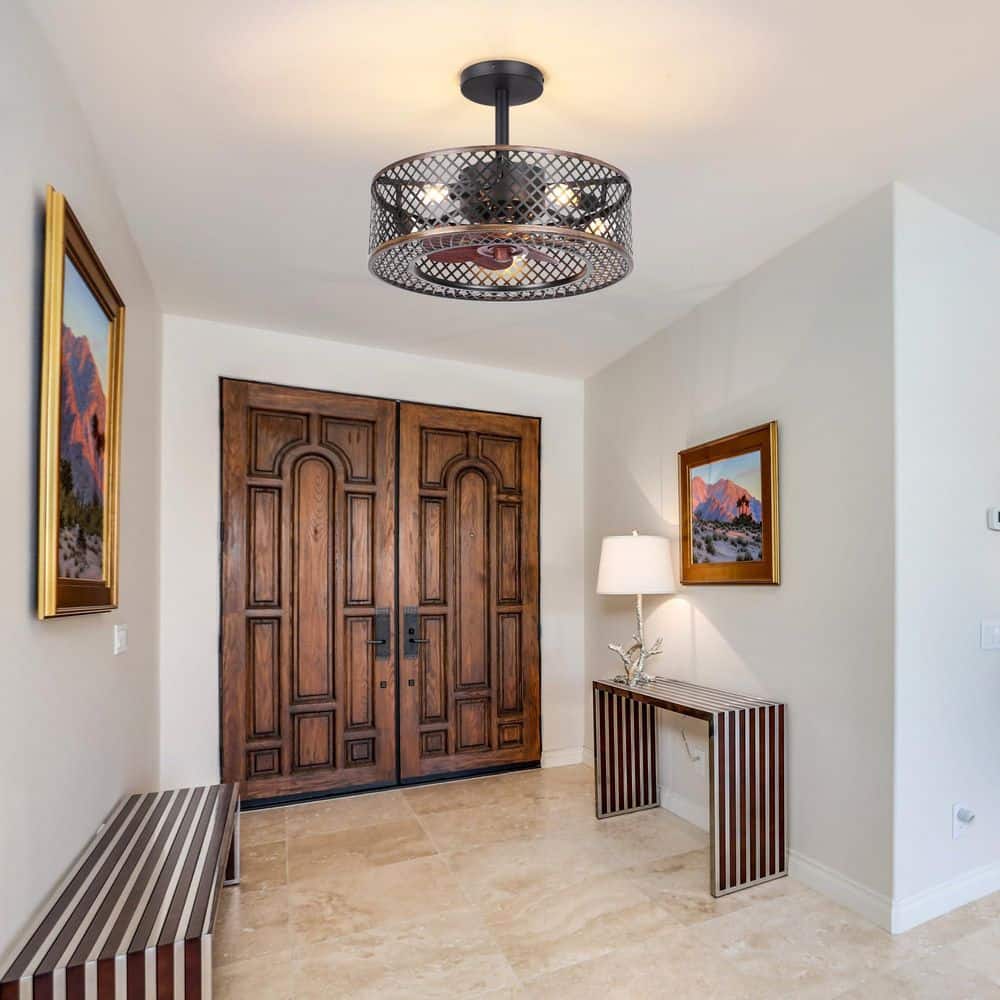 Caged Ceiling Fan E12 Bulb Black Industrial Farmhouse Semi-Flush Mount Ceiling Fan Light Fans with Lights, price history on PriceWatchPro