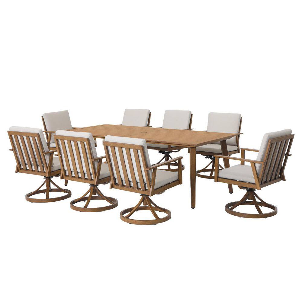 AluLux Light Brown Wood 9-Piece Aluminum Outdoor Dining Set with 8 Swivel Dining Chairs and White Cushions price history on PriceWatchPro
