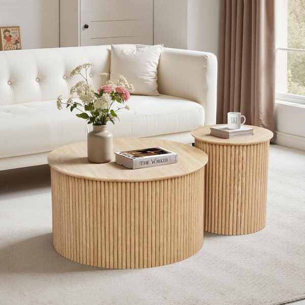Large and Small 17.72 in. H Natural Round MDF Wavy Coffee Table Set