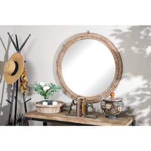 36 in. x 36 in. Distressed Round Framed Light Brown Wall Mirror with Beaded Detailing