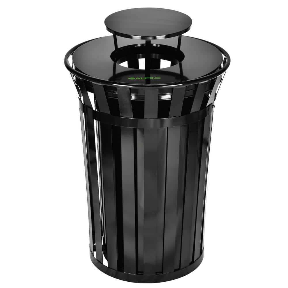 38 gal. Black Metal Slatted Outdoor Commercial Trash Can Receptacle with Ra