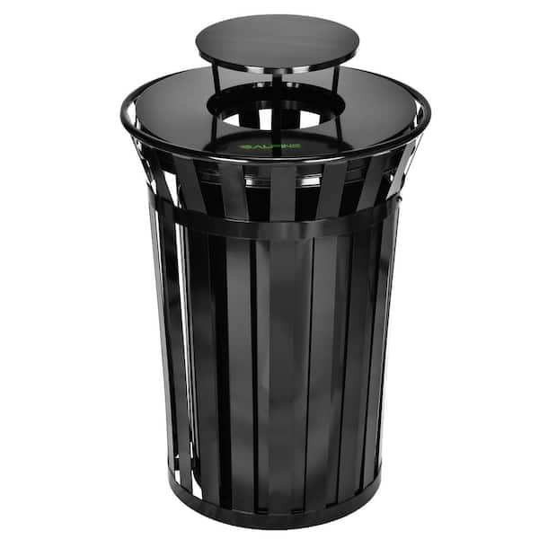 38 gal. Black Metal Slatted Outdoor Commercial Trash Can Receptacle with Rain Bonnet Lid and Liner