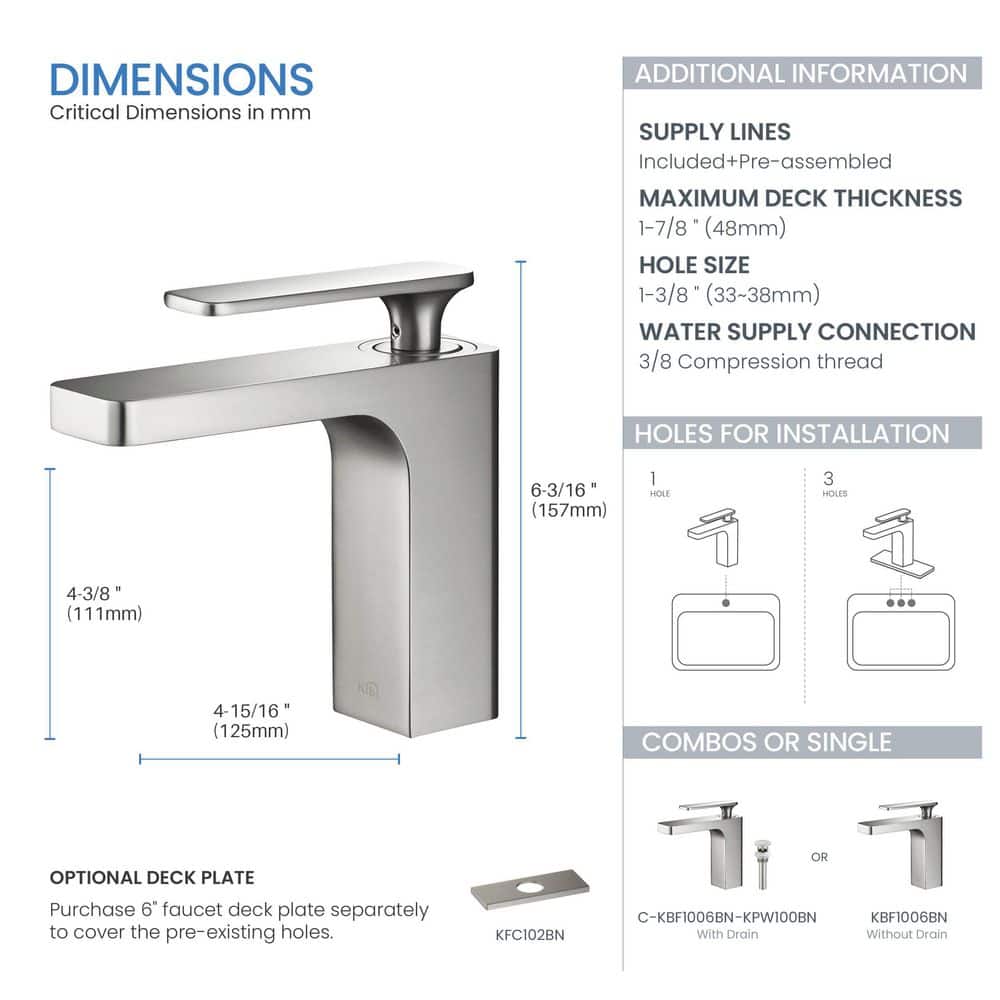 Brushed Nickel Single-Handle Modern Bathroom Faucet with Pop-Up Drain