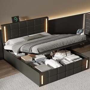 Black Wood Frame Queen Size PU Upholstered Platform Bed with LED, Hydraulic Storage System and USB Charging Station