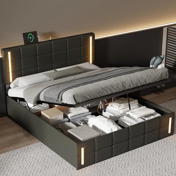 Harper & Bright Designs Black Wood Frame Queen Size PU Upholstered Platform Bed with LED, Hydraulic Storage System and USB Charging Station