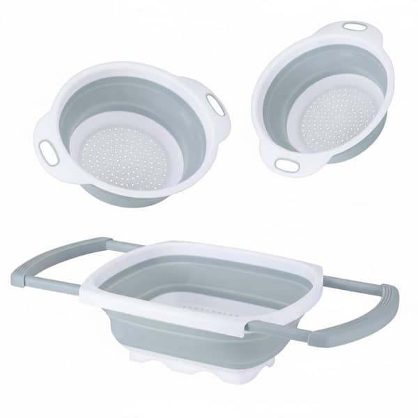 Collapsible Colander Set 3 Piece 6 qt. 4 qt. 2 qt. Gray Silicone Plastic Kitchen Strainer with Handles