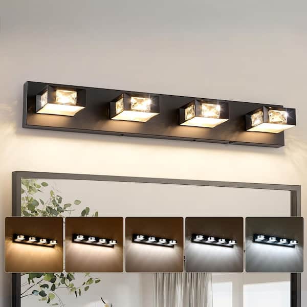 JUSHENG 27.95 in. Black 4-Light Dimmable Crystal Bathroom Vanity Light with 5-CCT Adjustable Switch and 350° Swivel Range