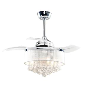 36 in. Indoor Chrome Retractable Crystal Chandelier Ceiling Fan with Light and Remote Control