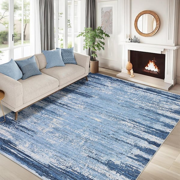Modern Line Soft Washable Thin Carpet for Bedroom Living Room Dining Room Gray Blue, 8 ft. x 10 ft. Area Rug