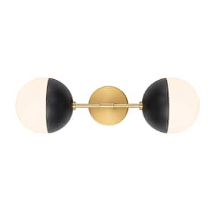 Goouu 21.9 in.W 2-Light Aged Brass and Black Up and Down Lighting Vanity Light with Milk White Glass Shades for Bathroom