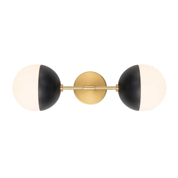 HUOKU Goouu 21.9 in.W 2-Light Aged Brass and Black Up and Down Lighting Vanity Light with Milk White Glass Shades for Bathroom