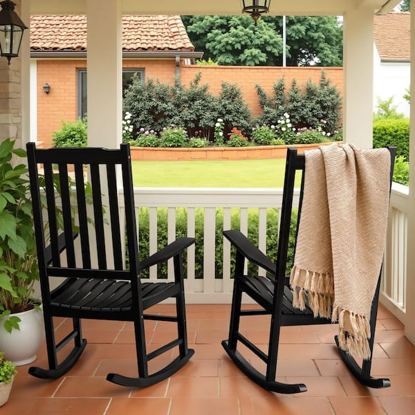 2-Pieces Black Acacia Wood Outdoor Rocking Chair Outdoor Porch Rocker
