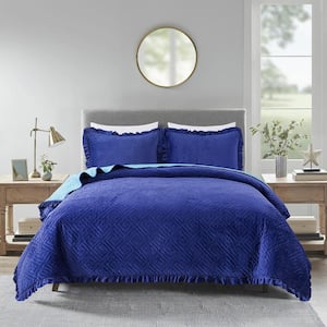 Navy/Light Blue Reversible Twin Velvet Quilt Set