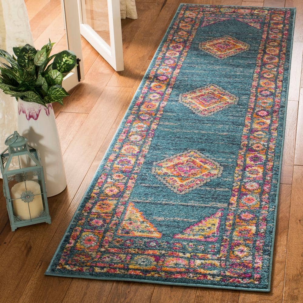 Chic Metro-Mod Light Blue & Orange Synthetic Runner Rug - 2'3" x 6'