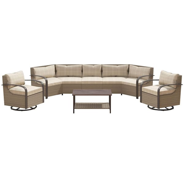 6-Piece Rattan Wicker Outdoor Sectional Set Curved Conversation Set with Biege Cushions and Rocking Chair
