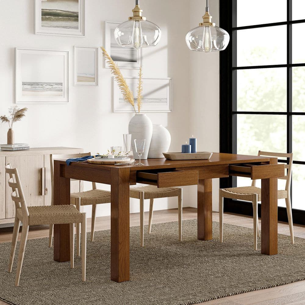 Idalia Walnut 60"W Modern Solid Wood Dining Table with Divided Storage Drawer