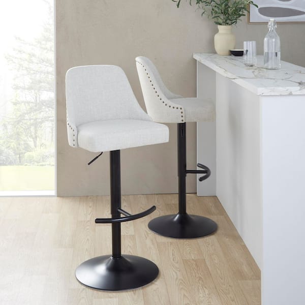 Lumisource Studded Marcel 34 in. Cream Fabric, Black Metal, and Brass Metal Adjustable Barstool (Set of 2)