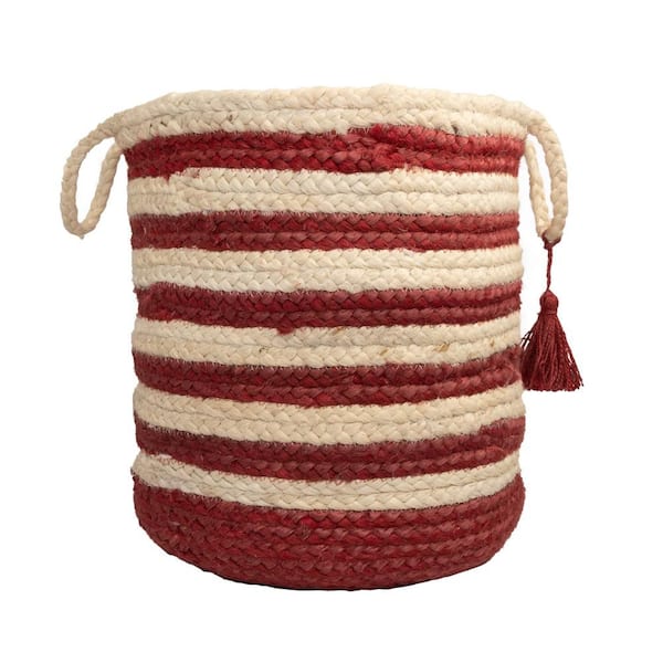 Unbranded Amara Striped Off-White / Red 19 in. Jute Decorative Storage Basket with Handles