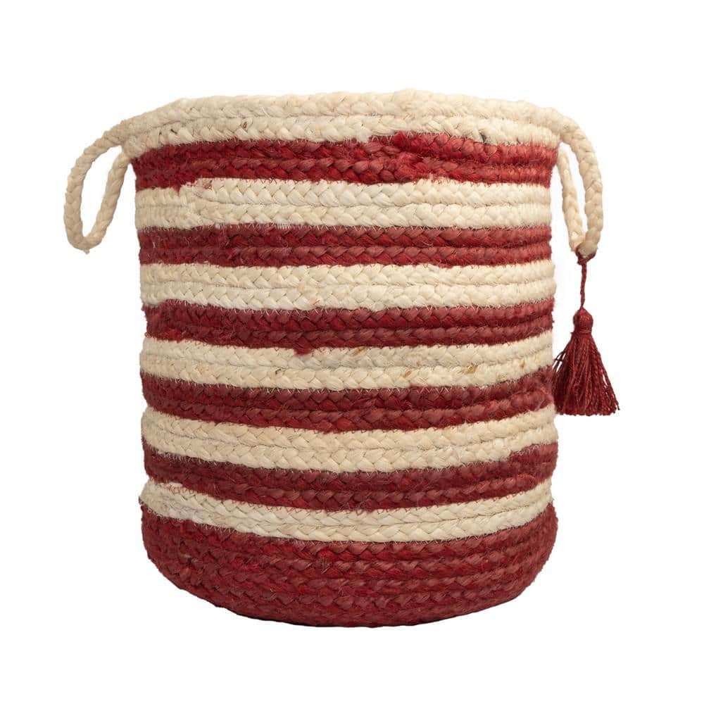 Amara Striped Off-White / Red 17 in. Jute Decorative Storage Basket with Ha