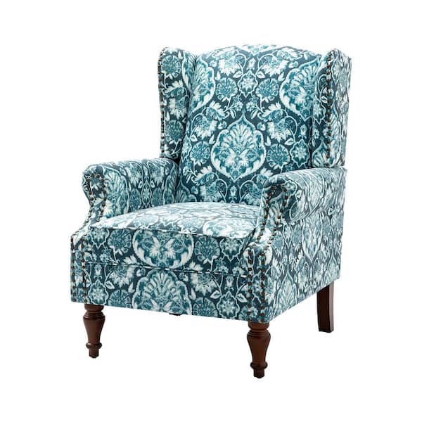 JAYDEN CREATION Gille Traditional Blue Upholstered Wingback Accent Chair with Spindle Legs